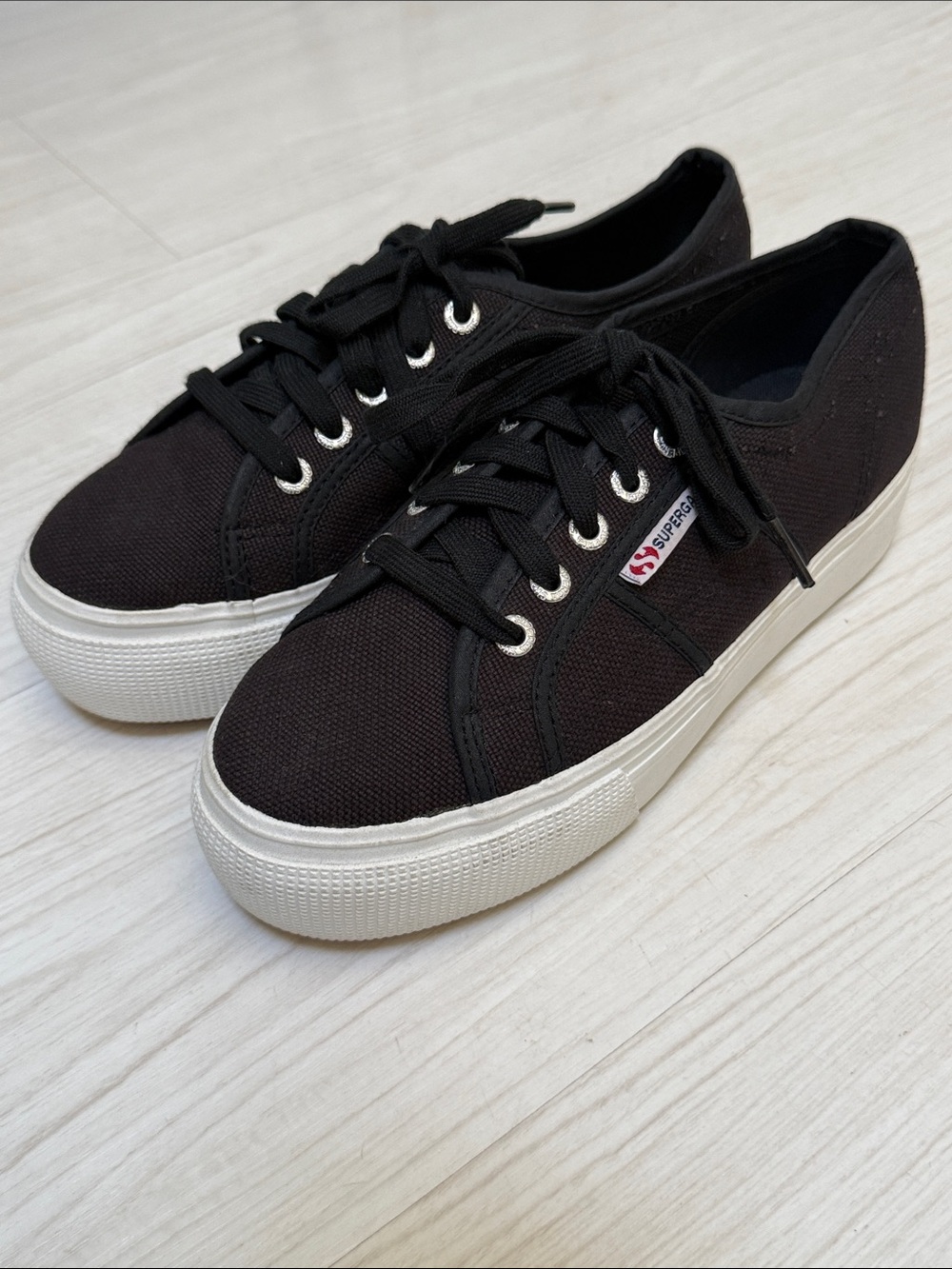 New Superga Black Canvas Platform Sneakers